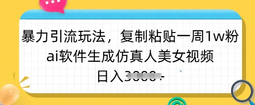 暴力引流玩法，复制粘贴一周1w粉，ai软件生成仿真人美女视频，日入多张-网创社