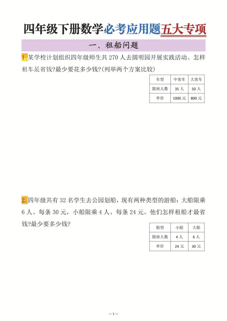 四年级下数学必考应用题五大专项-网创社