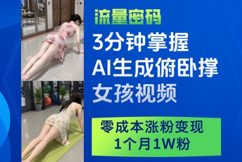 3分钟掌握AI生成俯卧撑女孩视频，零成本涨粉变现，1个月1W粉-网创社