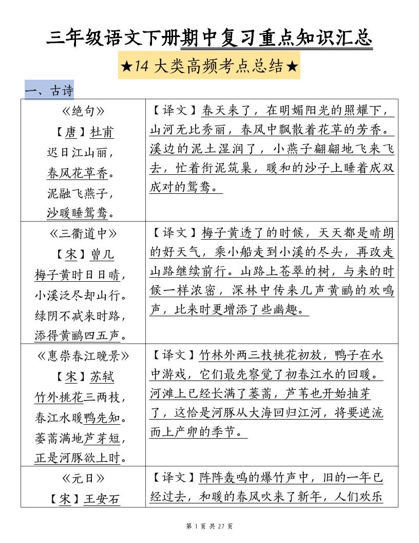 三下语文期中复习重点知识汇总-14大高频考点-网创社