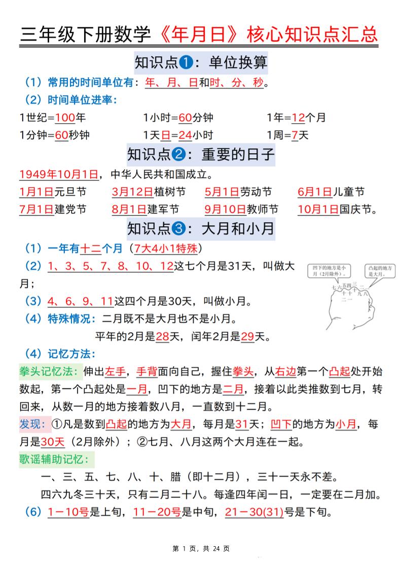 三下数学《年月日》核心知识点汇总+计算技巧+六大考点必刷题（练习+答案24页）-网创社