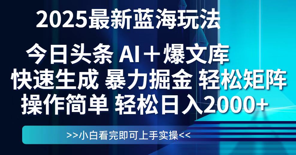 今日头条2025最新蓝海玩法，思路简单，复制粘贴，轻松实现矩阵日入2000+-网创社