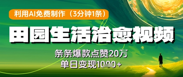 利用AI免费制作田园生活治愈视频，条条爆款点赞20W，单日变现几张-网创社