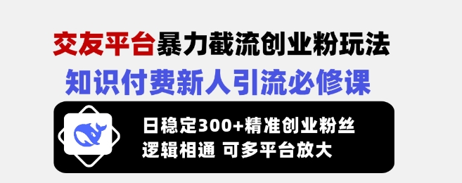 交友平台暴力截流创业粉玩法，知识付费新人引流必修课，日稳定300+精准创业粉丝，逻辑相通可多平台放大-网创社