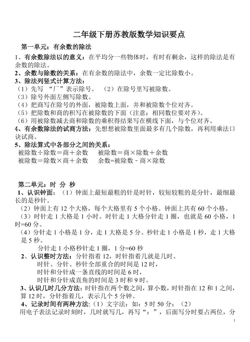 二下苏教版数学知识要点-网创社