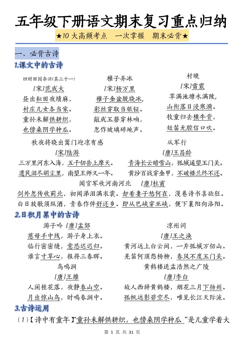 五下语文语文期末复习重点归纳-网创社
