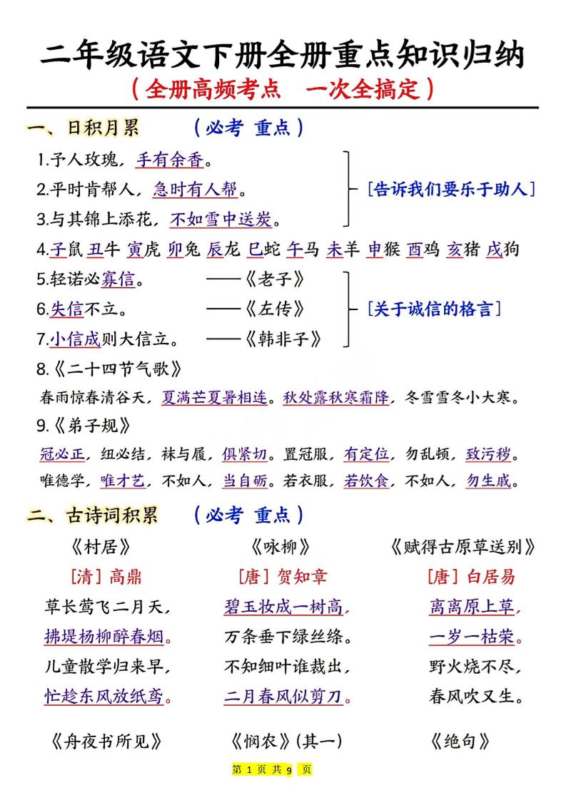 二下语文期末考试全册高频考点-网创社