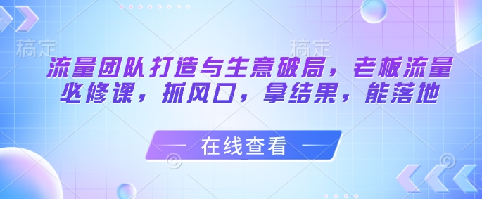 流量团队打造与生意破局，老板流量必修课，抓风口，拿结果，能落地-网创社