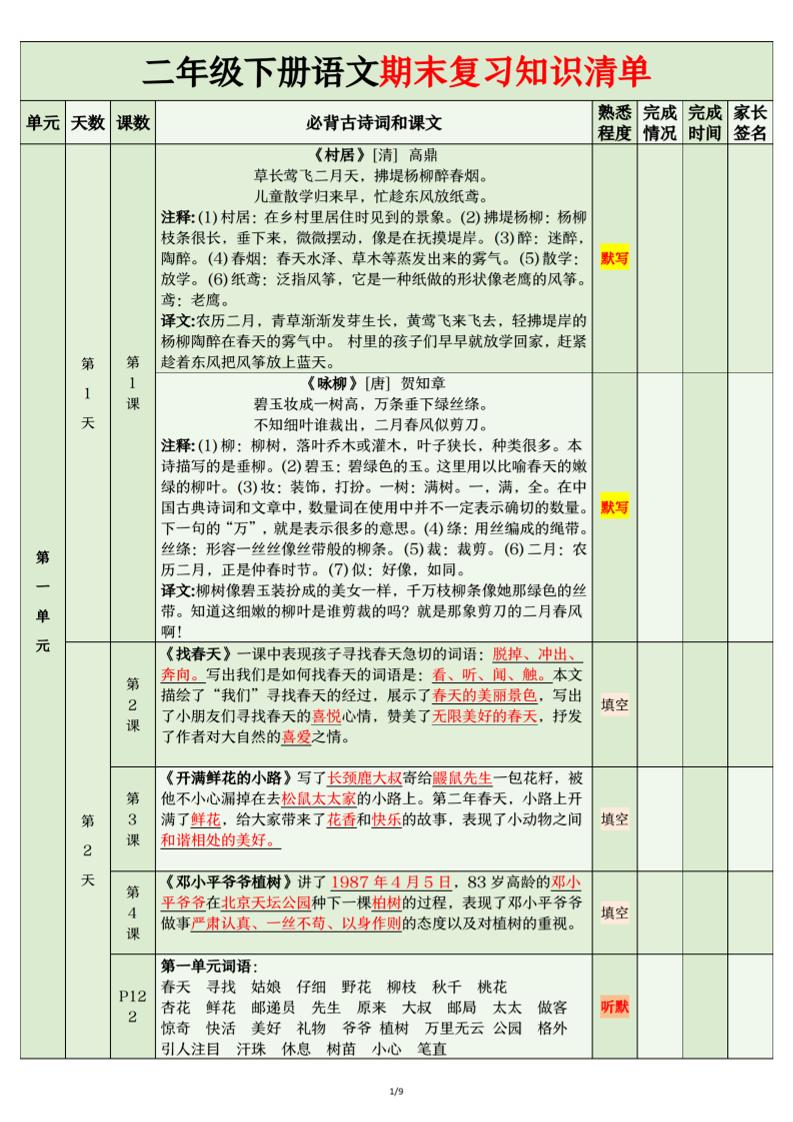 二年级下语文期末复习计划清单-网创社
