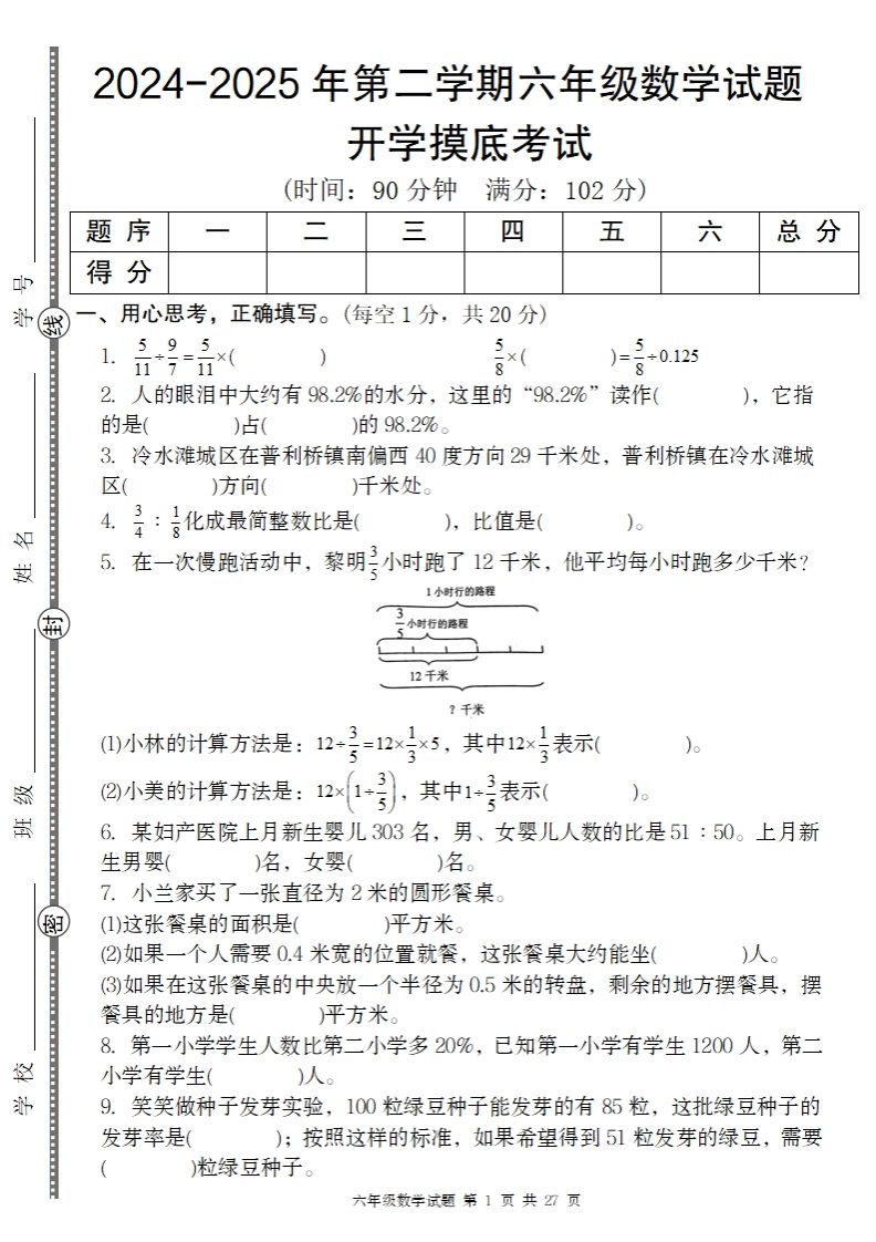 2024-2025年第二学期六下数学开学摸底试题人教-网创社