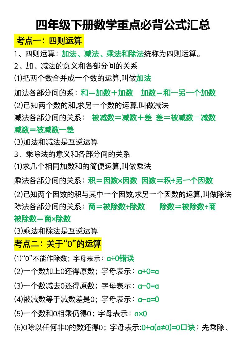 四年级下册数学重点必背公式汇总-网创社
