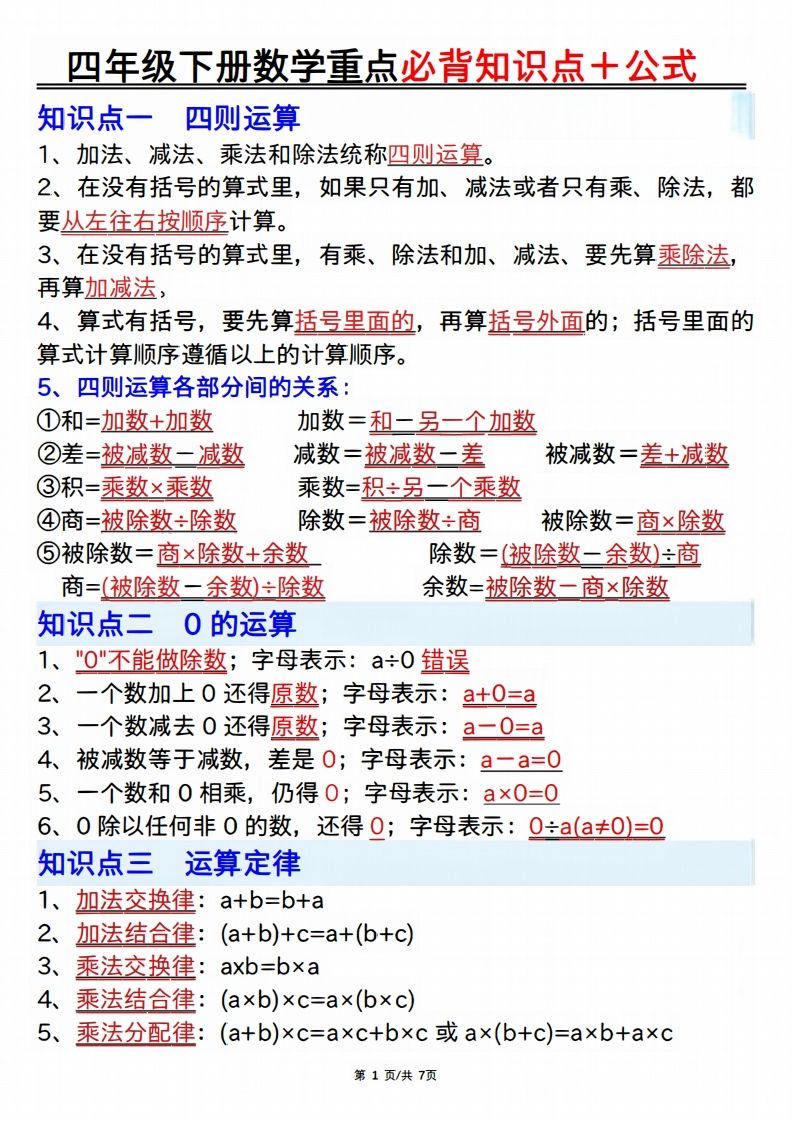 25年四年级下册数学重点必背知识点十公式-网创社