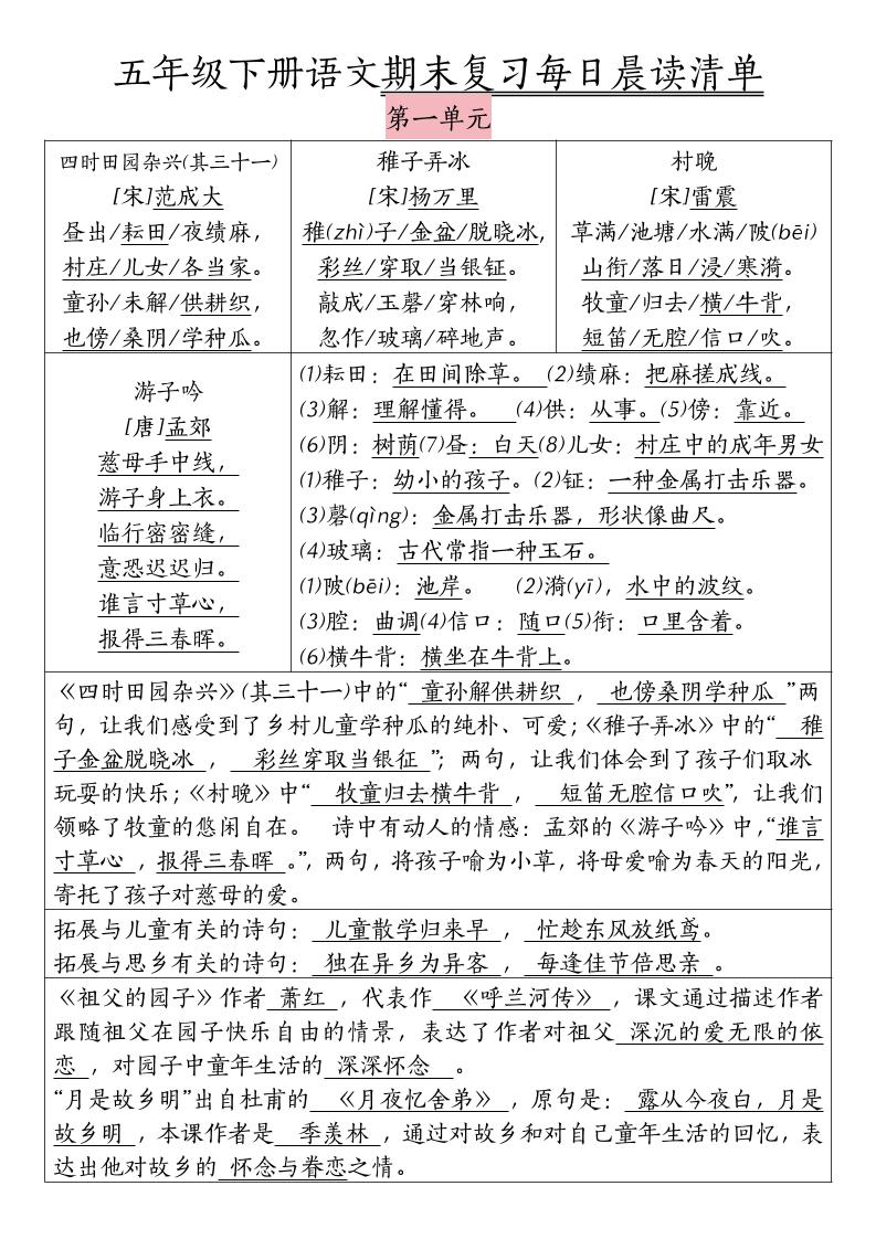 五下语文期末复习每日晨读清单-网创社