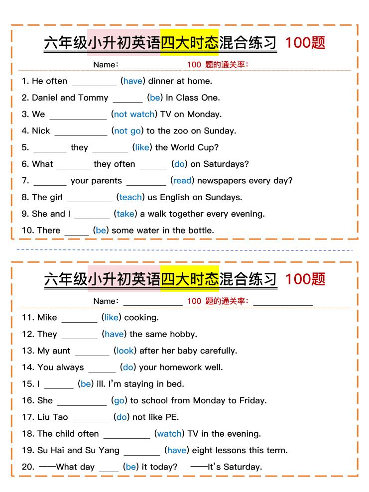 六年级小升初英语四大时态混合练习-网创社