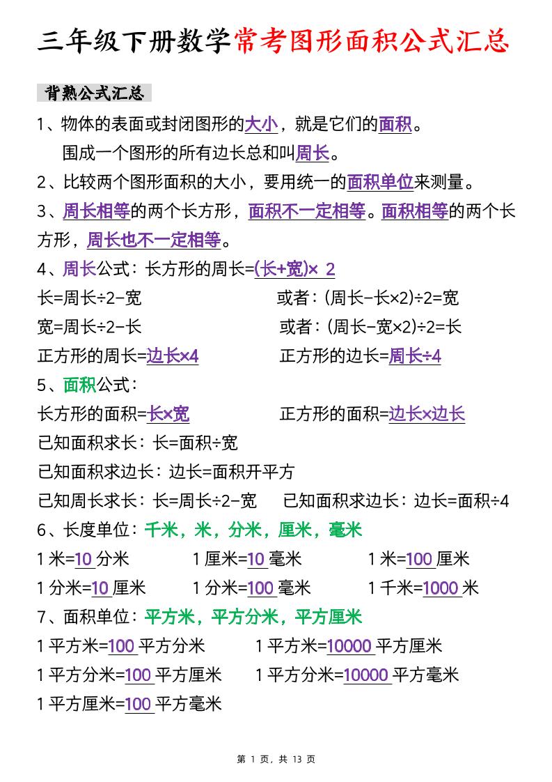 三年级下数学面积公式汇总+面积十大考点专项练习-网创社