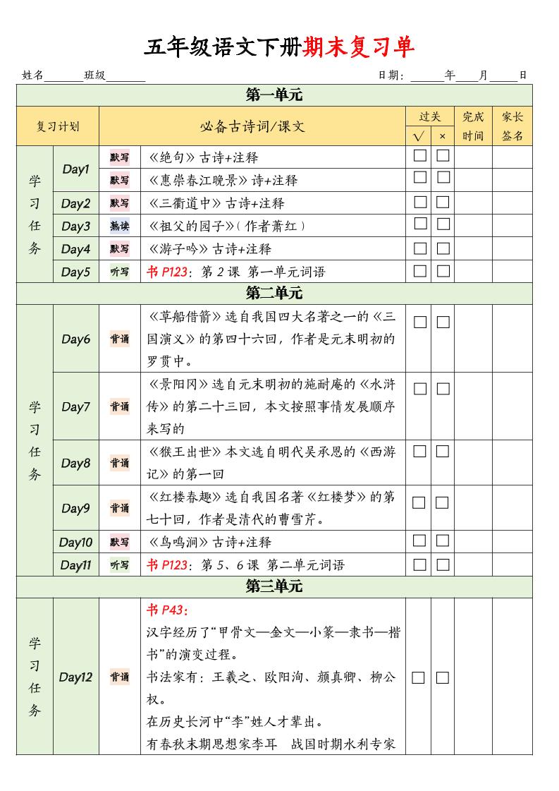 五下语文期末复习单-网创社