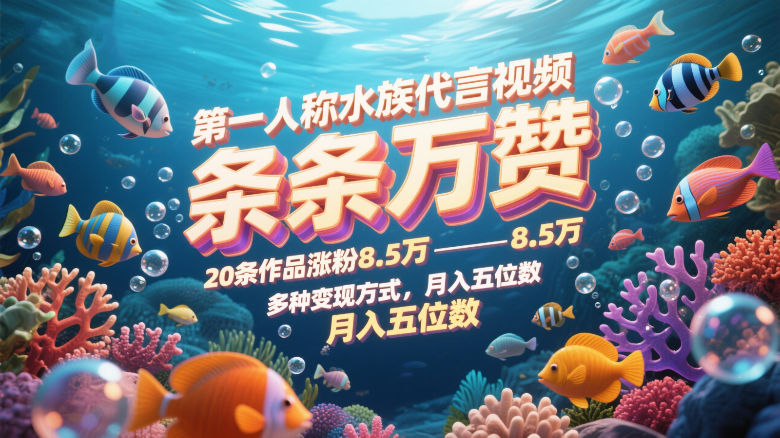 第一人称水族代言视频，条条万赞，20条作品涨粉8.5万，多种变现方式月，入五位数-网创社