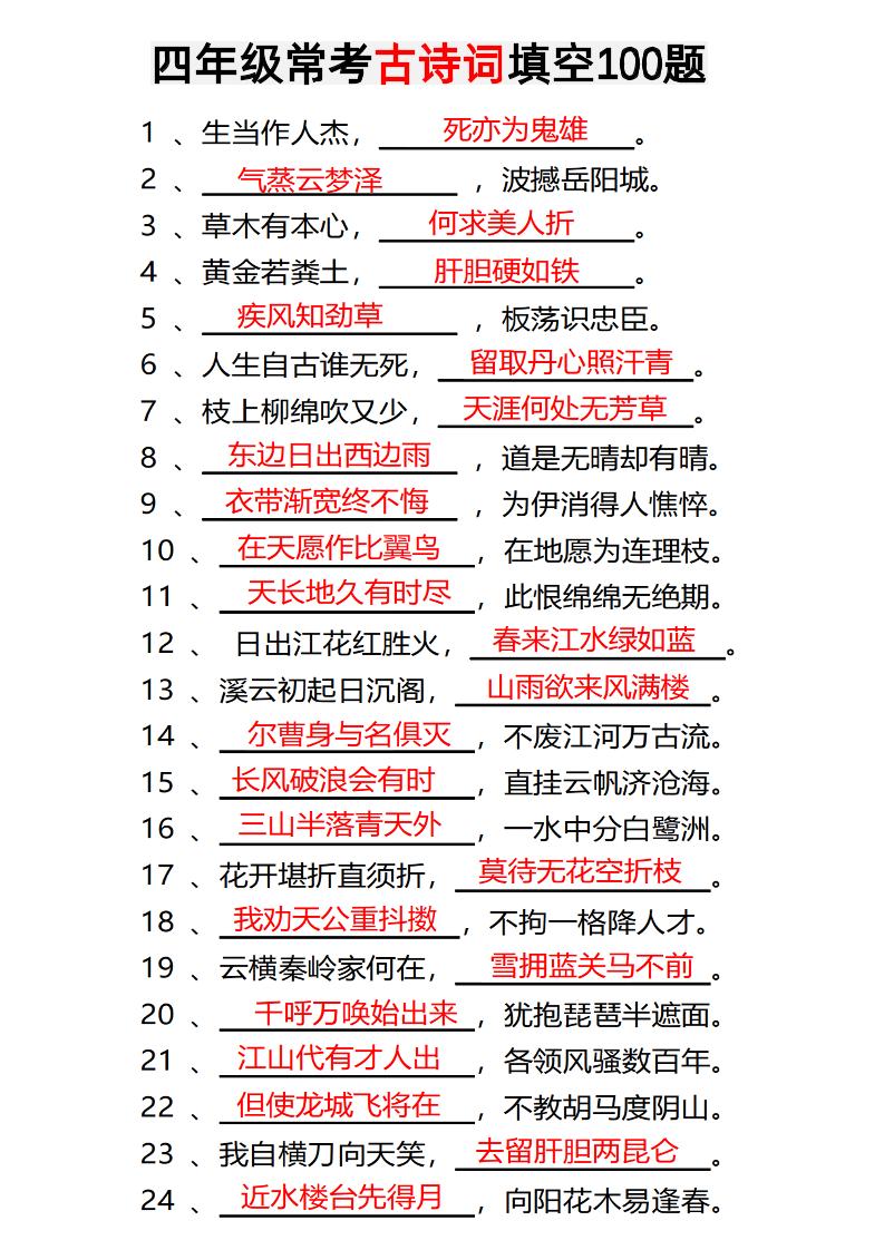 四年级下语文常考古诗词填空100题有答案-网创社