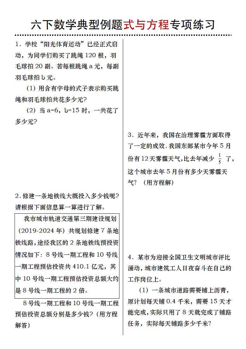 六下数学典型例题式与方程专项练习-网创社