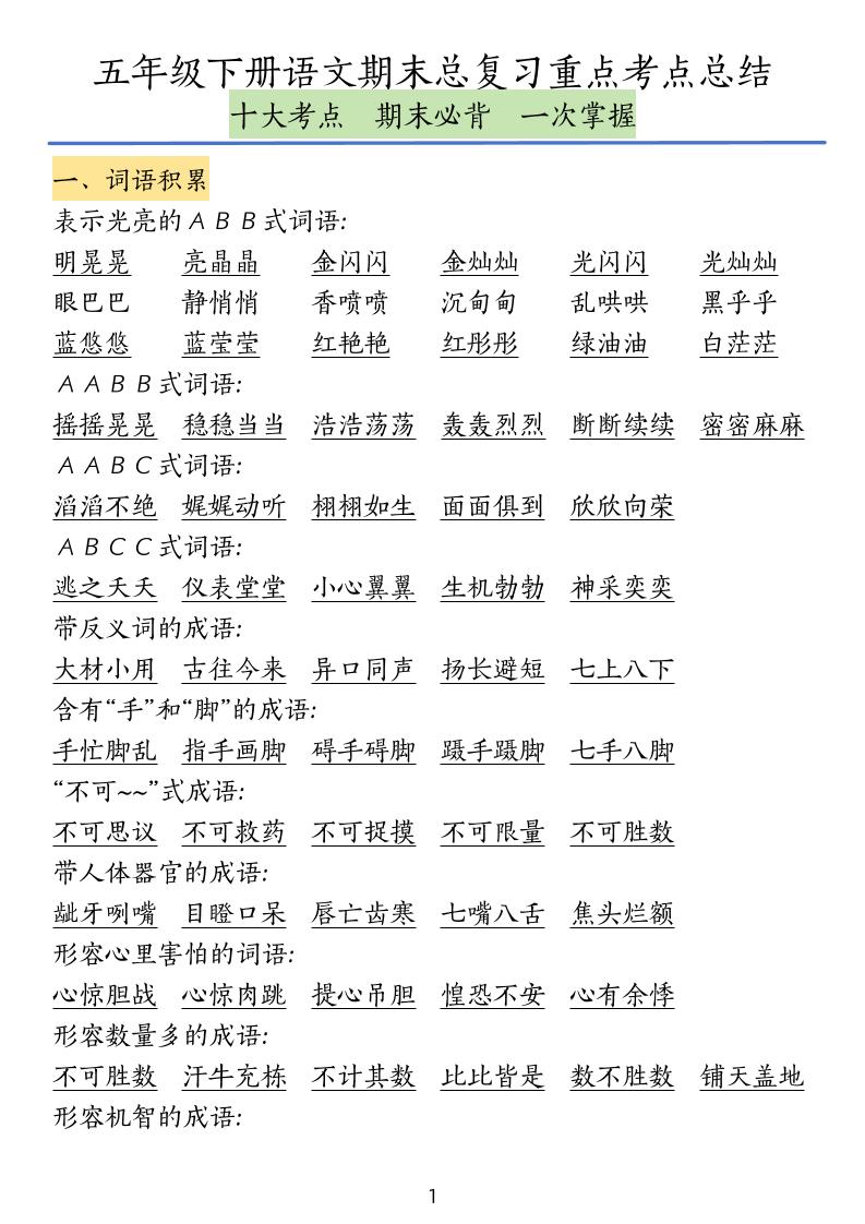 五下语文期末总复习重点考点总结-网创社